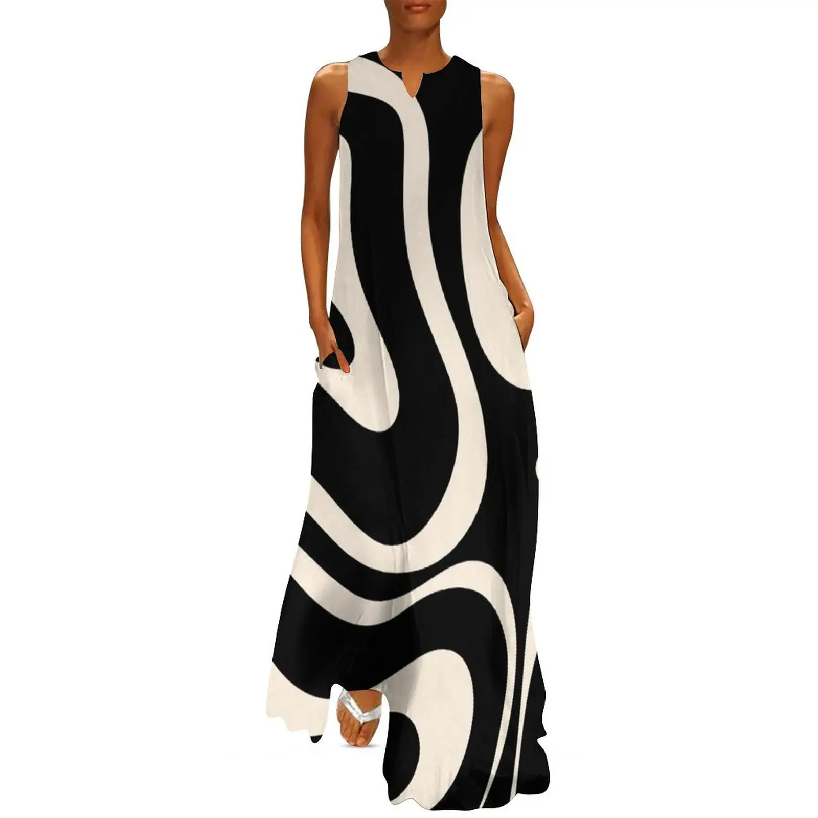 

Modern Liquid Swirl Abstract Pattern Square in Black and Almond Cream Long Dress elegant and pretty women"s dresses