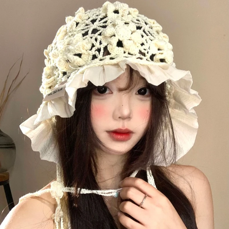 Korean Hand-crocheted Beaded Tassel Lace Edge Cut-out Flower Knitted Hat Women's Summer Ethnic Style Travel Pullover Beanie Caps
