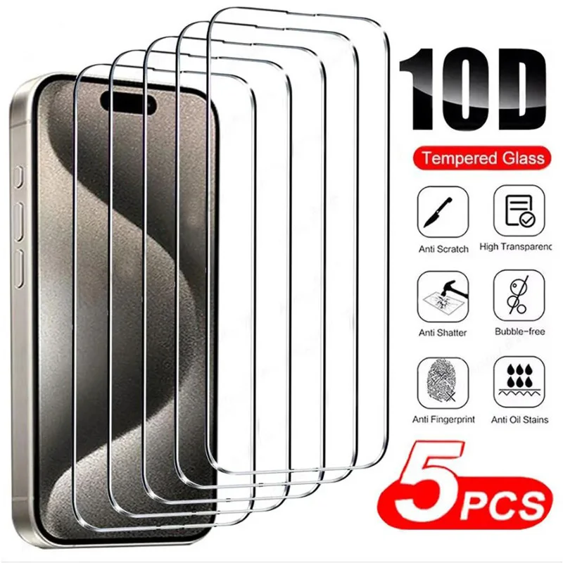 5Pcs Tempered Glass for IPhone 15 14 13 12 11 Pro Max Screen Protector for IPhone 12Mini 13Mini 7 8 Plus SE X XS XR 14Pro Glass