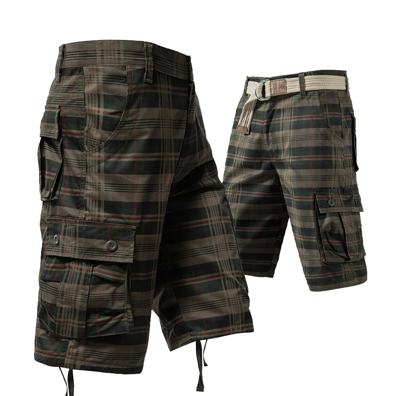 Mens Cargo Shorts Y2K Checkered Knee Shorts Homme Hunting Summer Overalls Camouflage Tactical Half Pants Cool Breathable Shorts