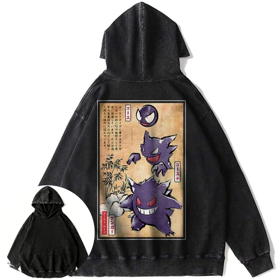 Moletom unissex preto retrô de algodão com estampa traseira completa de Pokémon Anime Ghost com personagens icônicos casual manga comprida