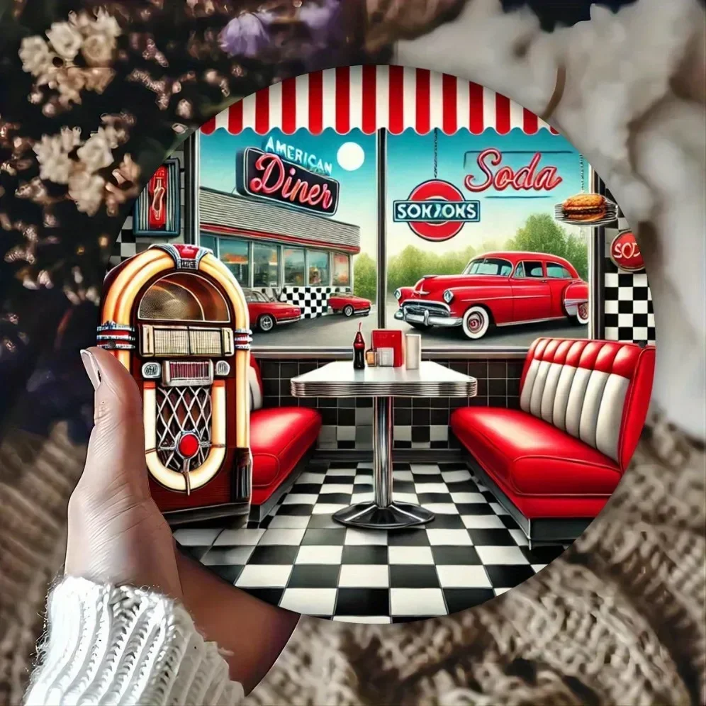 CIFBUY 2D Flat Retro American Diner Round Metal Plaque, Pretty 50S Style Iron Wall Decor, Man Cave Garage Basement Private Bar