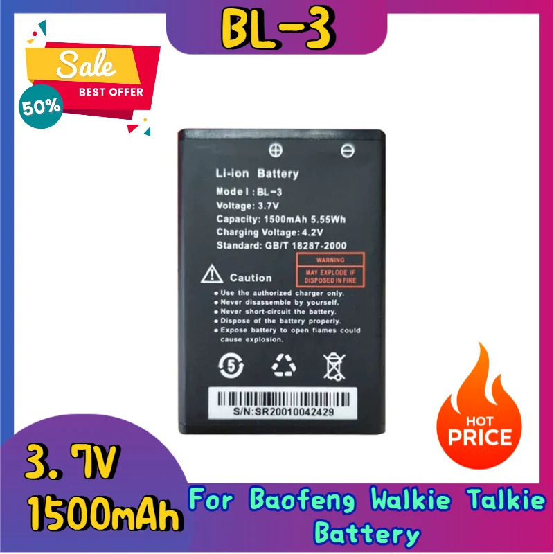 100% новый высококачественный аккумулятор для рации 3,7 В 1500 мАч BL-3 для T6/T7 C50/512/BF-UV3R, аксессуары для двусторонней радиосвязи, радиоаккумулятор