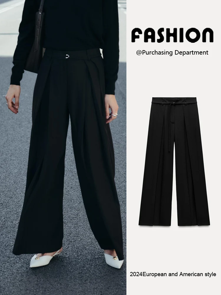 

Spring New Faionable Slimming High Waist Straight Leg Casual Pants Women's Clothing Belt Detailing Office Commute Sle