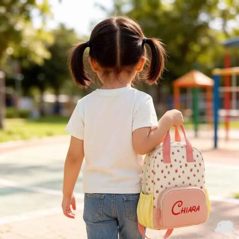 Custom Embroidery Name Strawberry Dopamine Canvas Backpack Cute Personalized Handmade Children's Campus Bag Snack Walking Bag