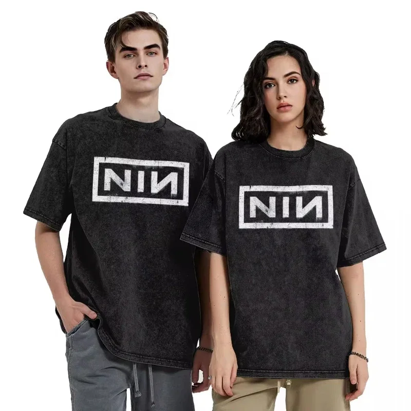 NIN Retro Logo Nine Inch Nails Washed T Shirts Streetwear Hip Hop Vintage T-Shirt Tee Shirt Men Women Oversize Graphic Tops