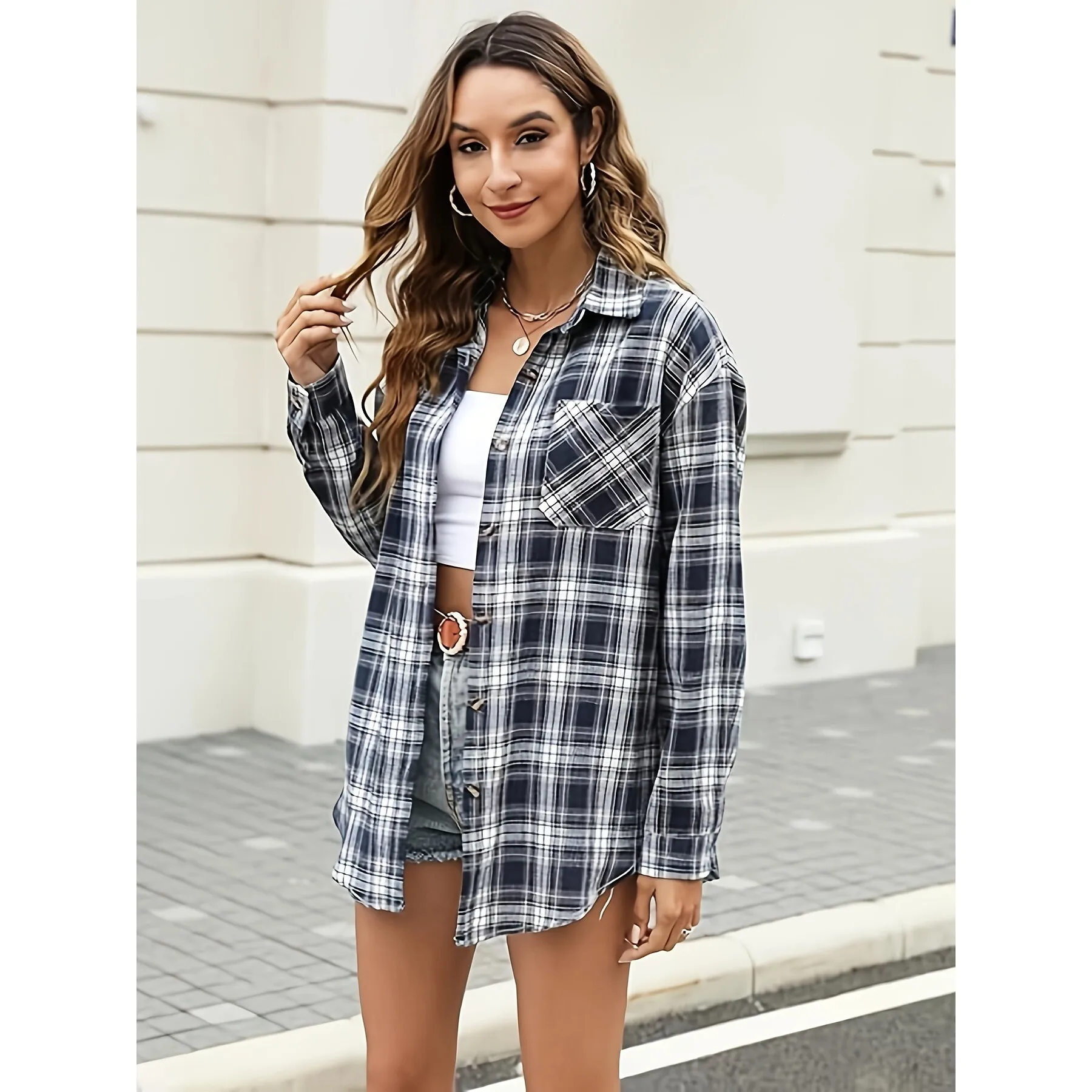 

Loose Plaid Shirt Women's Casual Style Princess Sleeve Shirt Comfortable Fit Cross-Border Fashion Spring Season Non-Shrinkage