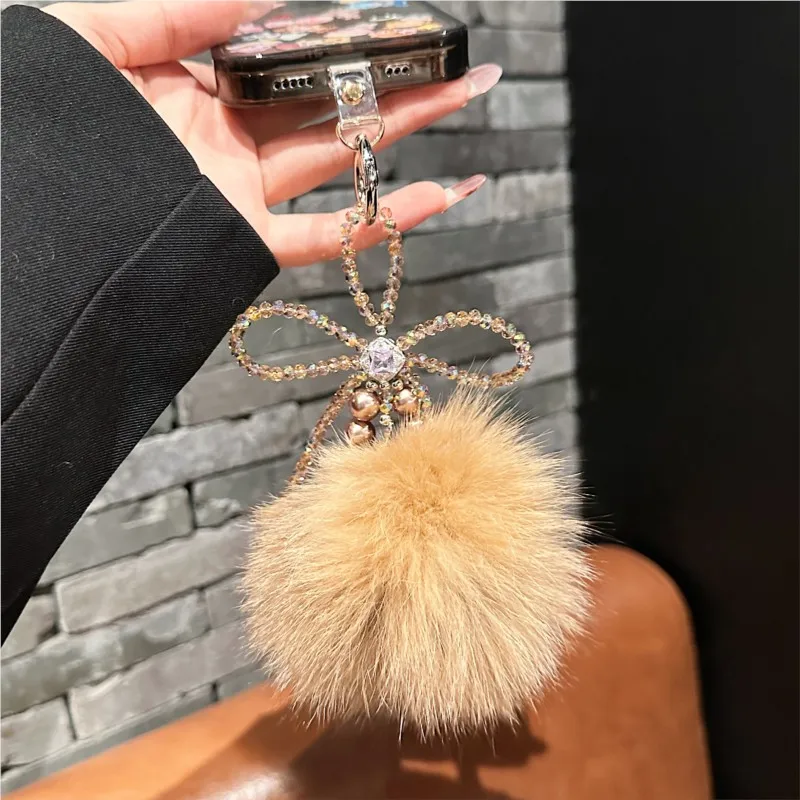 

fashions Luxury Fluffy Pom Pom Crystal Chain Lanyard Anti-Lost Wrist Strap Universal for Cell Phone Bag Keychain Decoration--