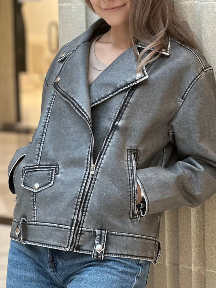 Ailegogo Streetwear Female Retro Loose Short Pu Faux Leather Jacket Vintage Women Zipper Moto Biker Coat Outwear