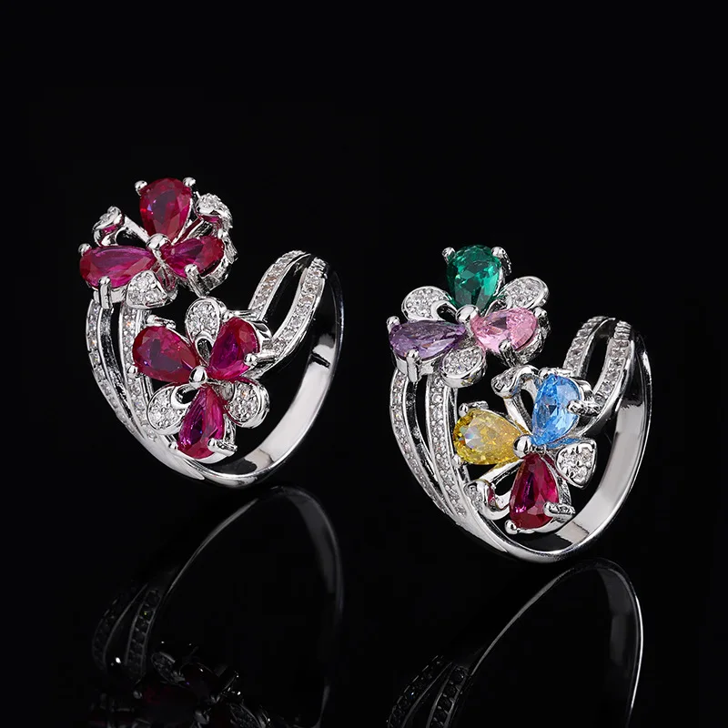 

New Style Ring Zircon Gemstone Red Corundum Flower Exaggerated Inlaid Open Adjustable Wholesale for Women