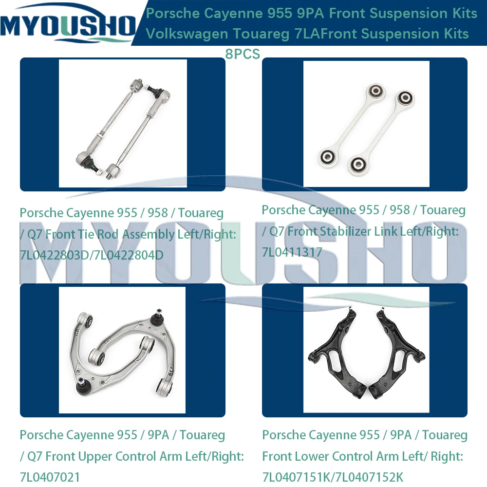 Myousho 8pcs Front Suspension Control Arm Ball Joint Stabilizer Link Tie Rod Kits For Porsche Cayenne 955 9PA VW Touareg 7LA