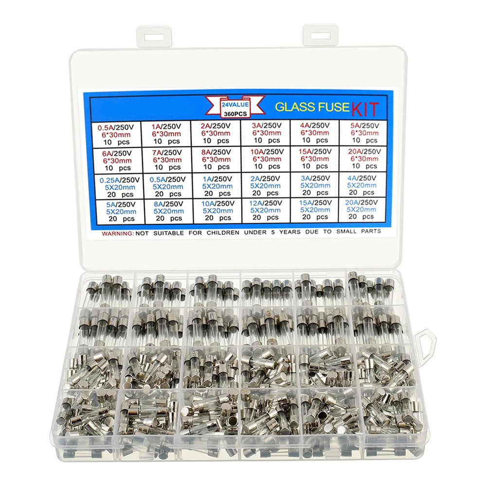 

Comprehensive 360pcs Glass Fuse Kit 24 Different Current Ratings Efficient Storage for Circuit Protection and Easy Inspection