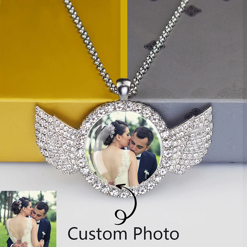 Custom Photo Memory Rhinestone Pendant Necklace Personalized Picture Glass Dome Necklace Wings Jewelry