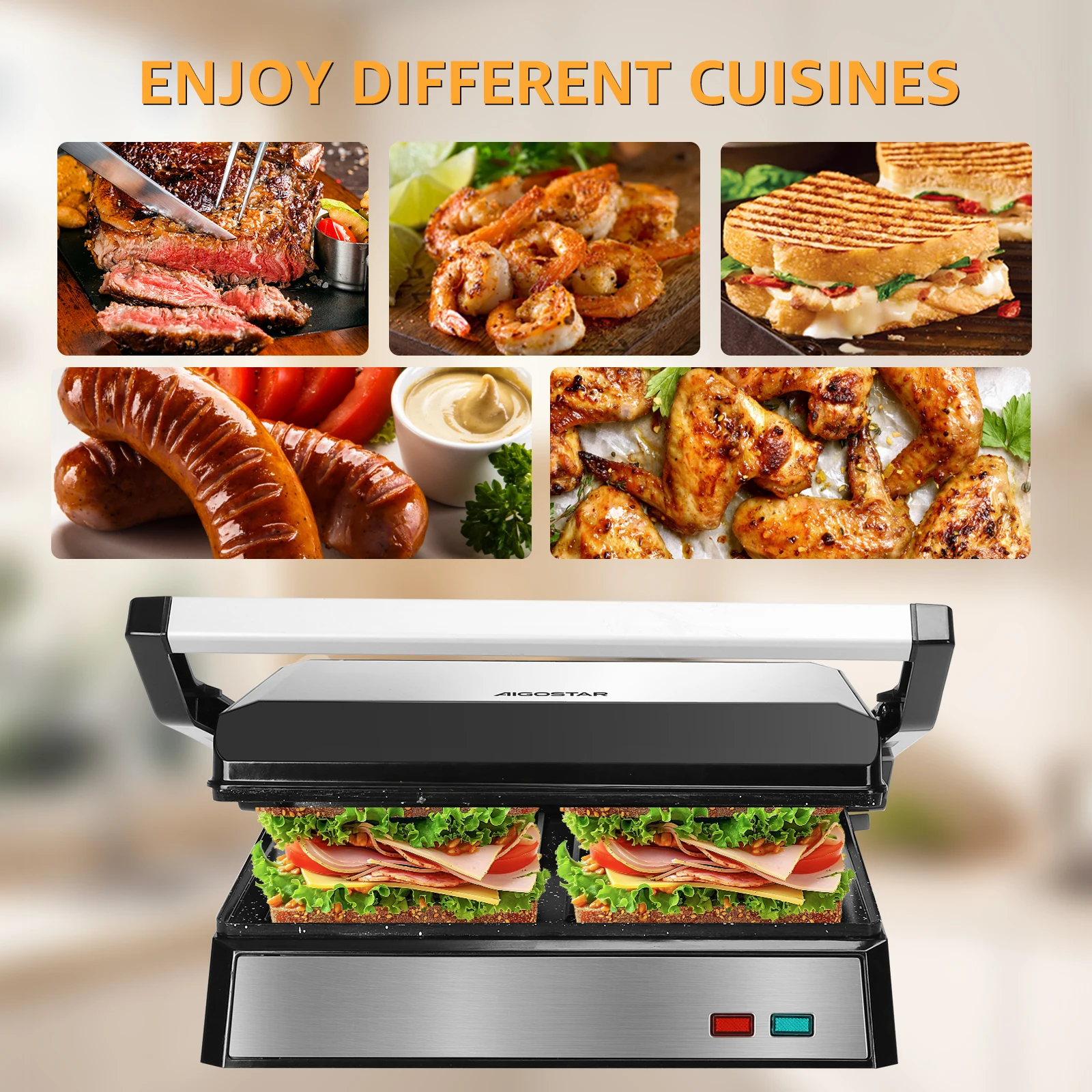 Aigostar Hett Pro Panini Maker/لوحة محمصة، طلاء حجر صديق للبيئة غير لاصق، صينية شحم، مكبس ساندويتش، مقلاة شواء كهربائية، 1500