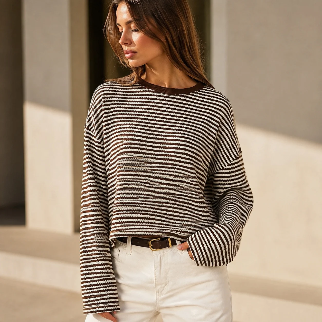 Casual Striped Loose Fit Streetwear Sweater with Long Sleeve Round Neck Drop Shoulder Regular Length Summer Daily Women Sweater