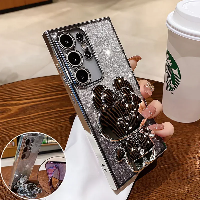 بريق مرآة أرنب حامل حافظة لهاتف سامسونج S25 FE Edge S24 S23 Ultra Plus A17 07 56 55 36 35 26 25 16 06 05 05S M/F/C/55 غطاء