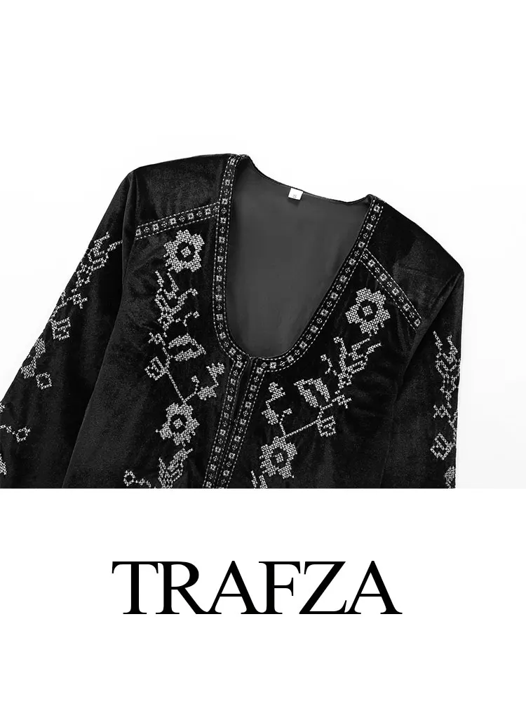 Trafza 2025 feminino retro bordado casacos para primavera moda feminina mangas compridas em torno do pescoço botão escondido jaquetas chiques