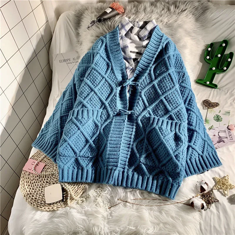 2024 Thick Sweater Coat Female Korean Fashion Casual Horn Buckle Knit Cardigan Loose Lazy Style Sweater