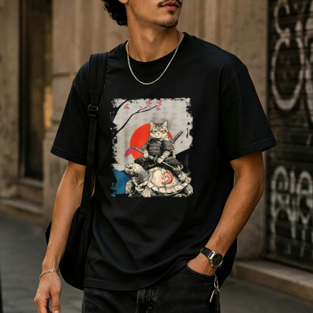 Japanese Samurai Warrior Cat Riding Turtle Cherry Blossom Sun Retro Art T-shirt Men Cotton Vintage Oriental Graphic Loose Tops