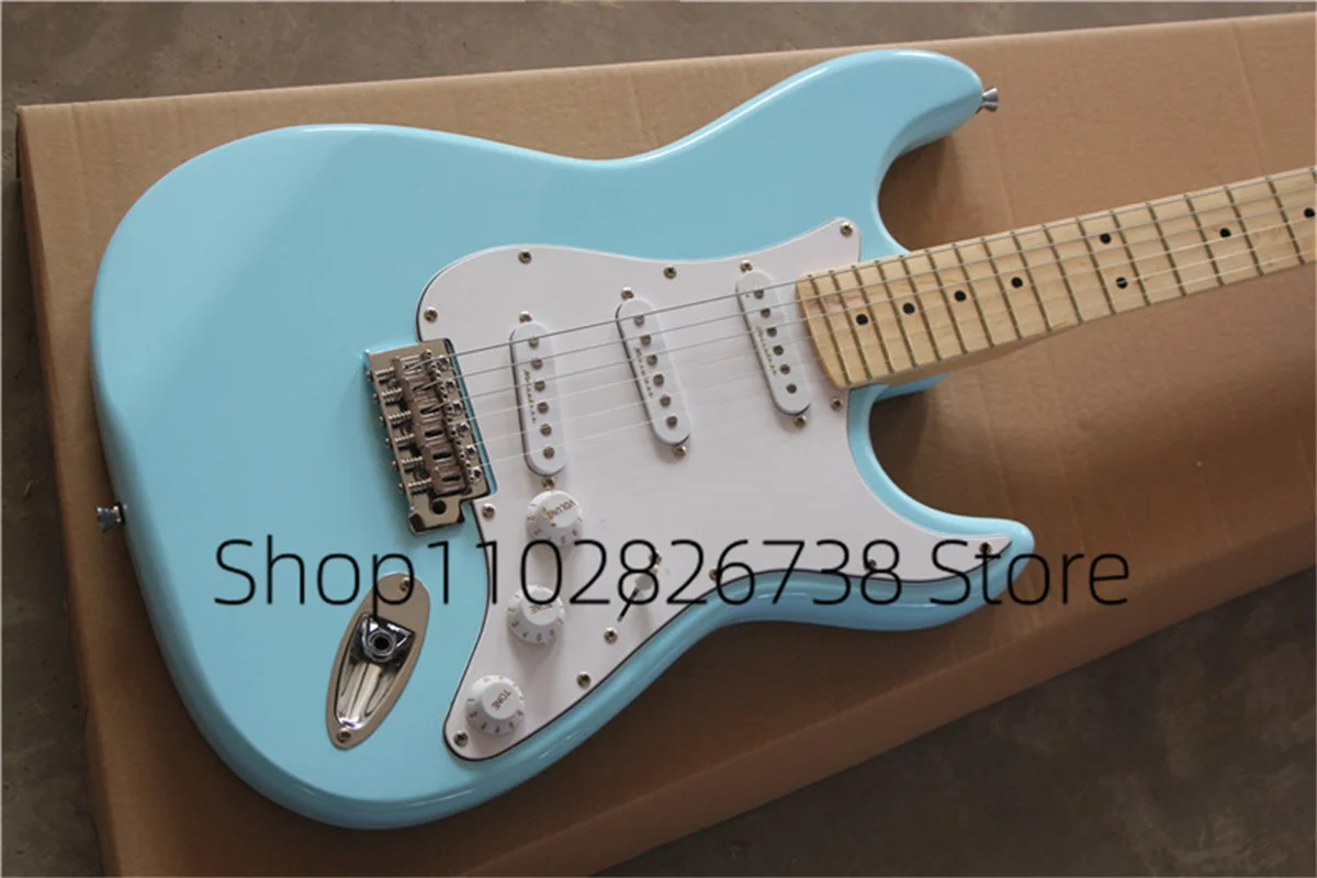 Classic Electric Guitar Sky Blue Body Stra Guitar Maple Neck SSH Pickups White Guard Marked Bridge Factory Custom