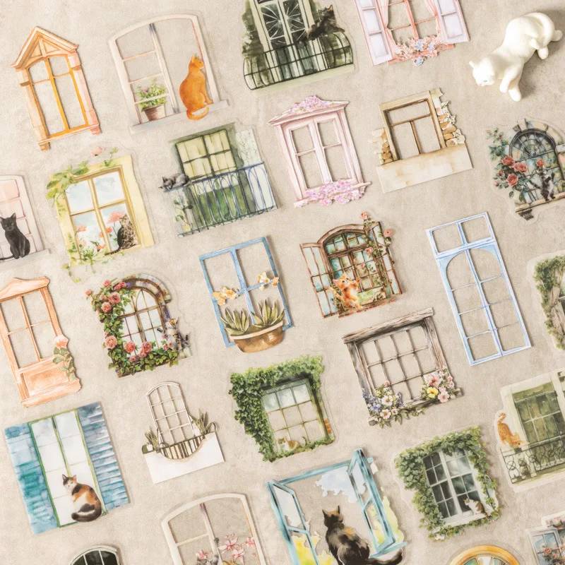 10pcs material Sticker Pack Window Cherry Dreams pack Window Sill with Cat Stationery Fluttering Window Scrapbook cut 117*74mm