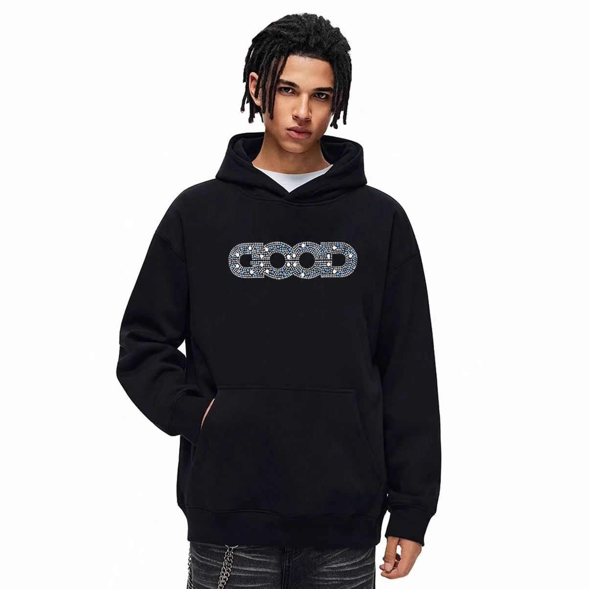 プレミアム品質の良質な新品、青がかったラインストーン付きフーディースウェットシャツ、カジュアルな秋冬ユニセックストップス