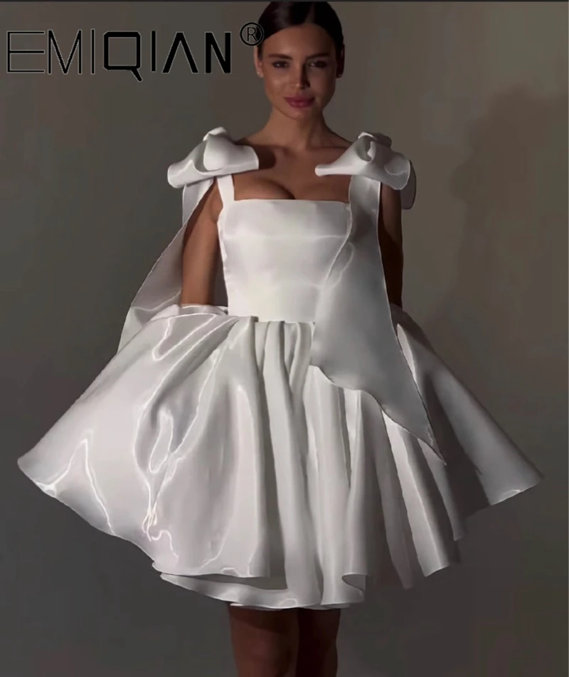 

High Quality Elegant White Short Wedding Dresses Straight Neck Bridal Gowns Bow Knee Length Mini A-Line Vestidos De Novia