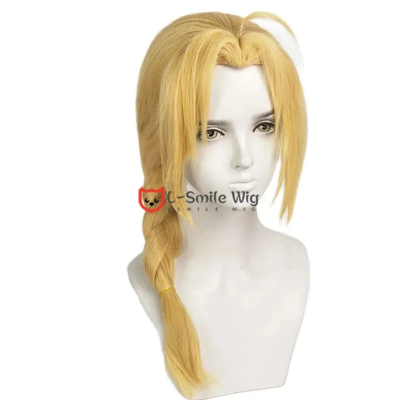 2025 Edward Elric Wig Rambut Cosplay Anime Tahan Panas Panjang 50cm Pirang Kepang + Topi Wig