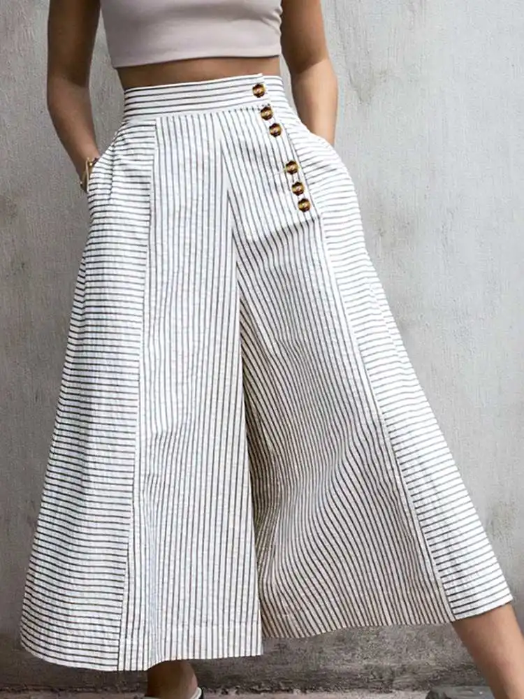 

Celmia Women High Waist Striped Pants 2023 Fashion Retro Wide Leg Trousers Summer Casual Buttons Loose Elegant Party Pantalones