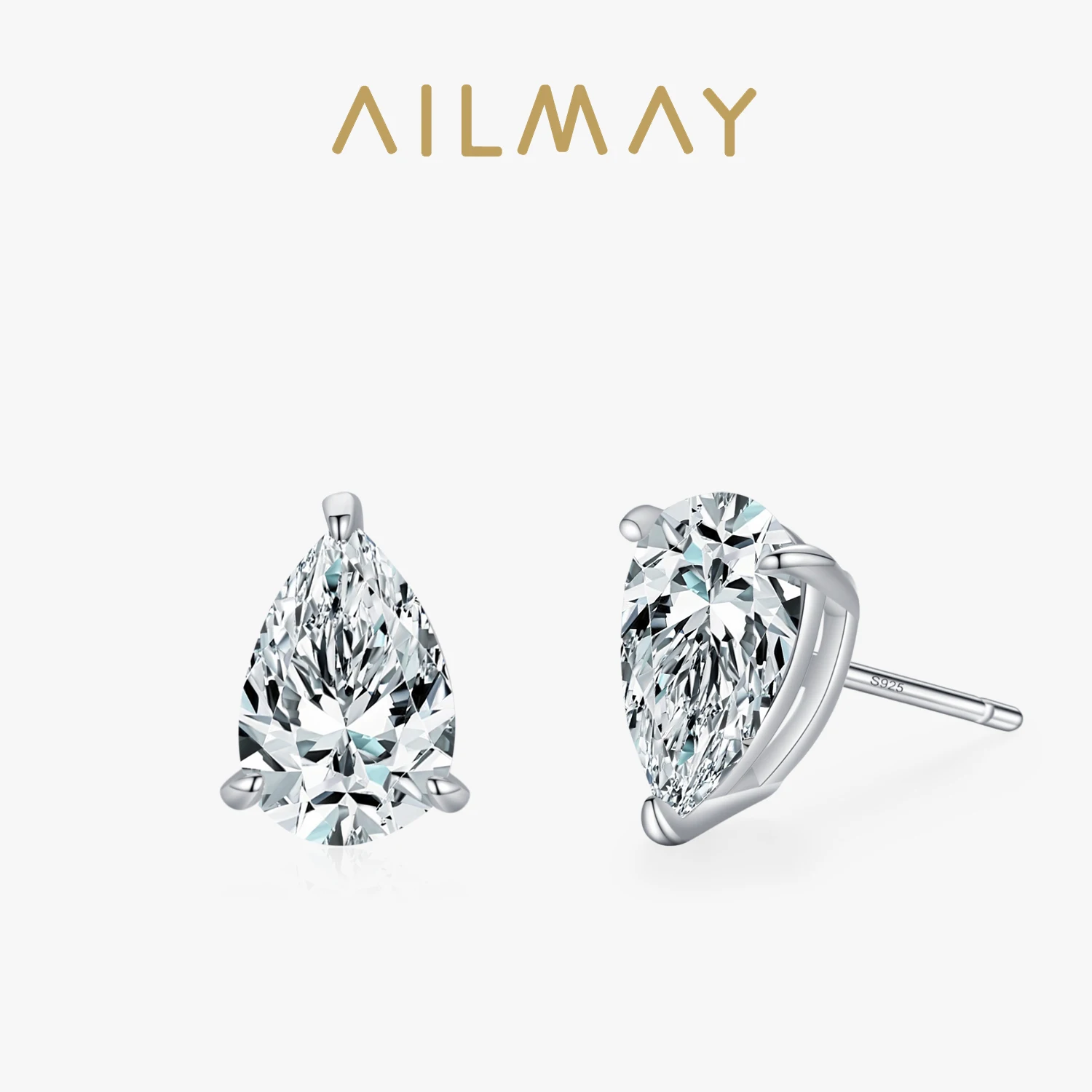 Ailmay New Sale 100% 925 Sterling Silver Elegant Water Drop Shape Clear CZ Stud Earrings For Fine Female Fashion Wedding Jewelry