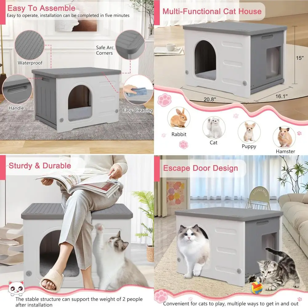 

Всепогодный домик для кошек для улицы и дома с удобной входной дверцей, прочное укрытие с лежанкой для питомцев, простая сборка и чистка