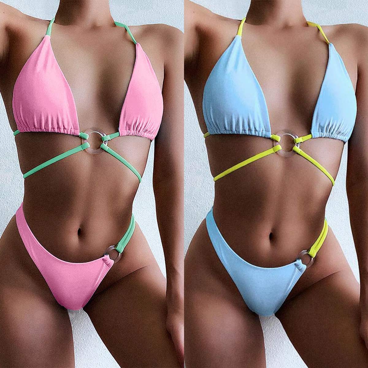 

Новый сексуальный женский купальник-бикини: треугольный, с лямкой через шею, без спинки, в стиле пэчворк, с цветными блоками, пляжный комплект с декоративными кольцами