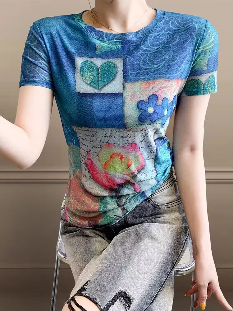 أنيقة عادية الاتجاه شارع العليا الإناث تي شيرت الربيع الصيف امرأة S-3XL قصيرة الأكمام المطبوعة الزهور شيك القمم الفن التجريدي