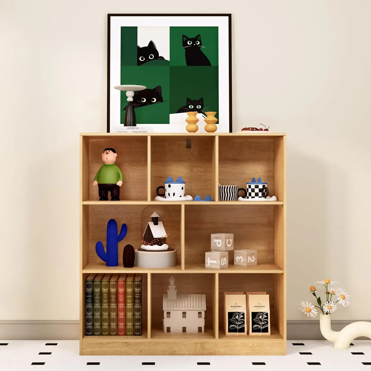 

8-Cube Wooden Bookshelf with Base,3-Tier Freestanding Open Storage Organizer,Multi-Functional