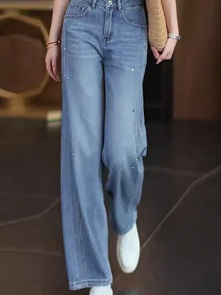 

Slim Straight Leg Jeans Women's Summer New Style High Waist Glitter Thread Embellished Thin Wide Leg Denim Pants