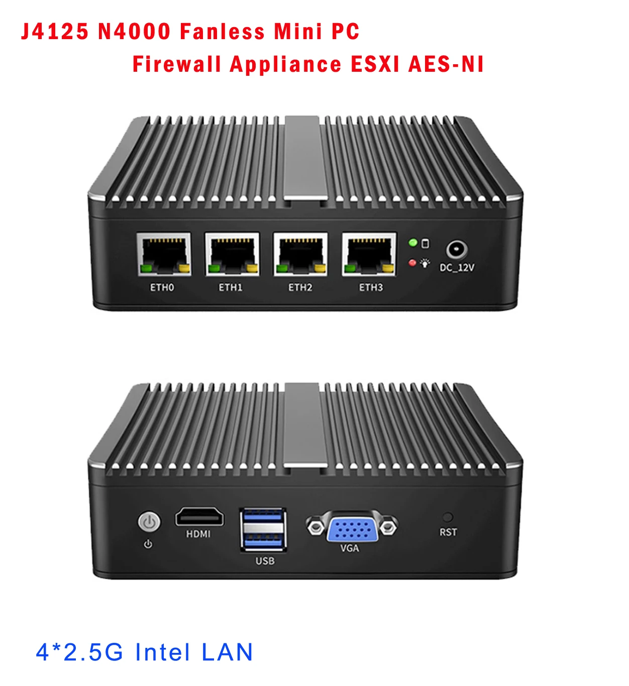 

J4125 Fanless 2.5G Router Nano Mini PC 4 Intel i225-V B3 2.5GbE Nics pfSense Firewall Router PC VMware ESXi Windows11 Computer