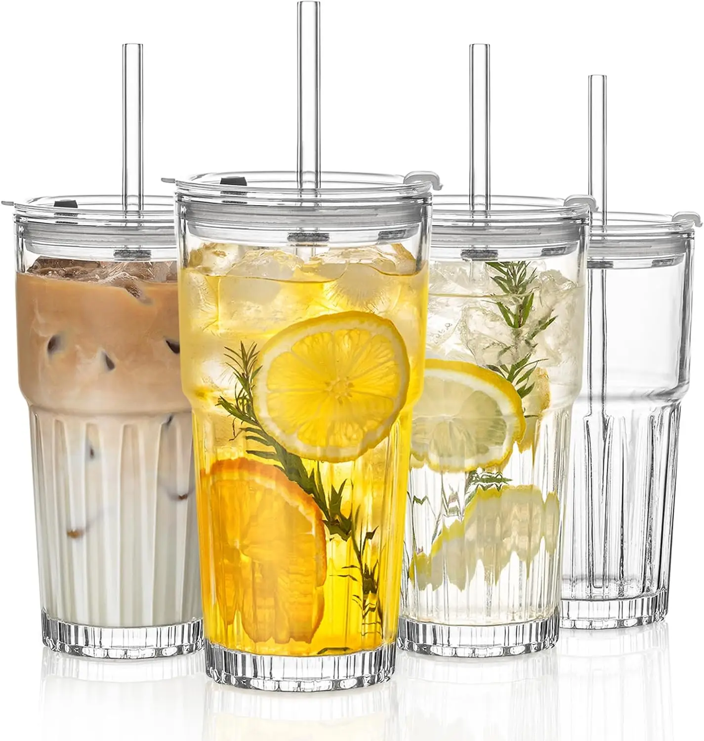 

20 oz Clear Glass Tumbler Set with Lids and Straws – 4-Pack Iced Coffee Cups with Glass Straws