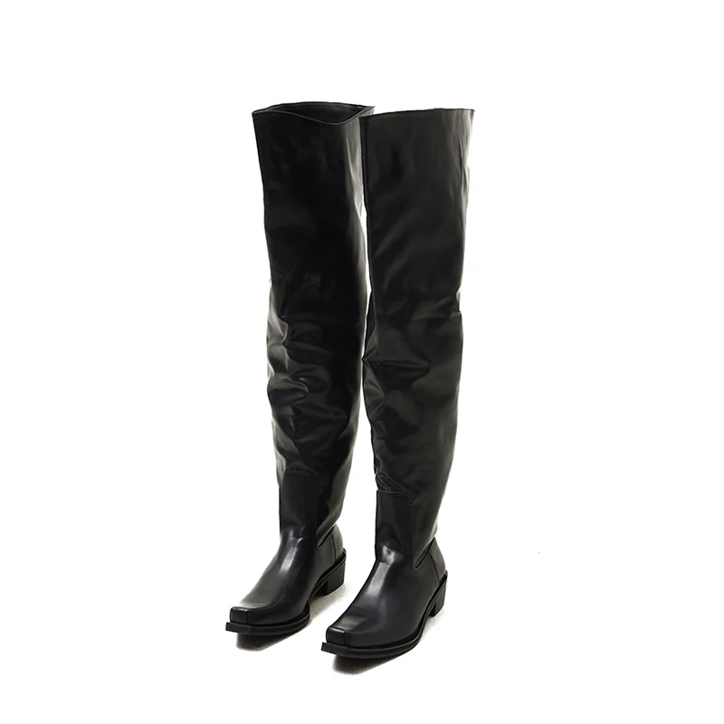 

Head up knee high boots for men and women niche thick heel square toe thick sole high tube piled up knight men's boots trend