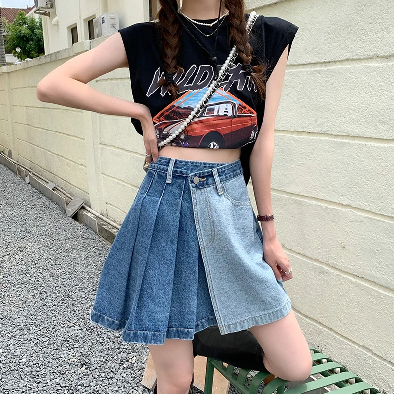 

New Streetwear Fashion Denim Skirts Women Contrast Color Patchwork A-line Mini Jupe Femme Casual Pleated Short Jean Skirt