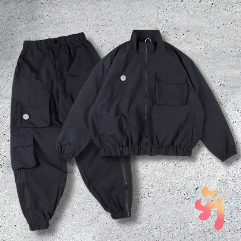 Men Women Glo Gang The Glory Jackets Cartoon Beverage Seal Logo Windbreaker Pants Casual Winter Outdoor Travel Black Set