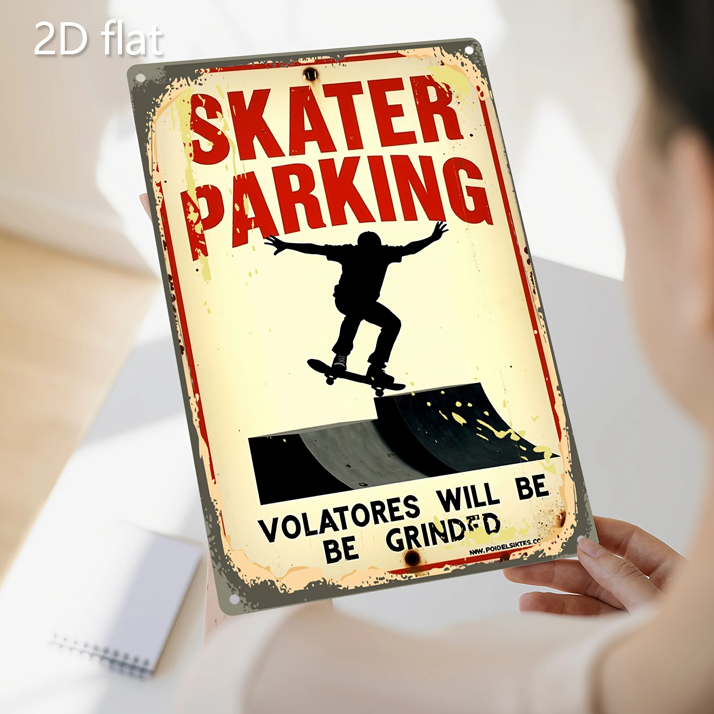 Vintage Rustic Skate Sign Metal Plaque - Weather-Resistant Iron Art with Pre-Drilled Holes, Bold Red Lettering & Skateboarder