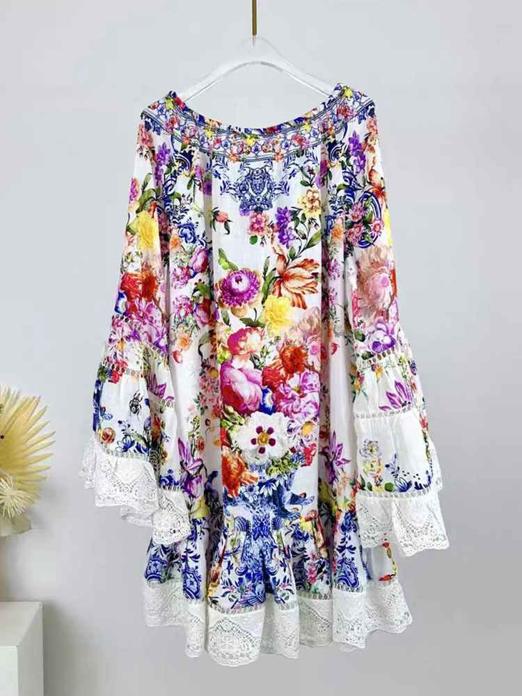 Vintage bedrukte jurk met één lijn hals, uitlopende mouwen en hoge taille 2025, lente damesmode patchwork kanten losse poefantrok