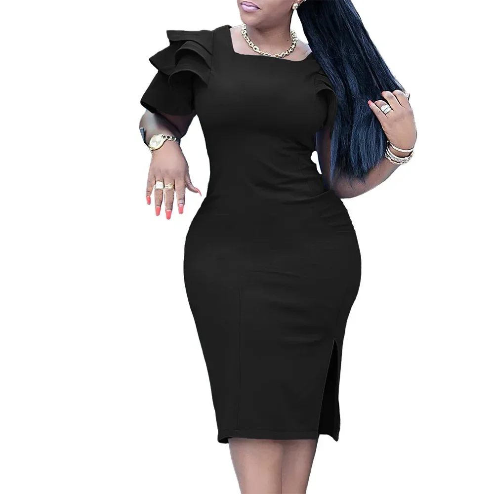 Abiti africani estivi per donna Africa Colletto quadrato Manica corta Bianco Rosso Nero Abito da donna da ufficio al ginocchio Abiti africani