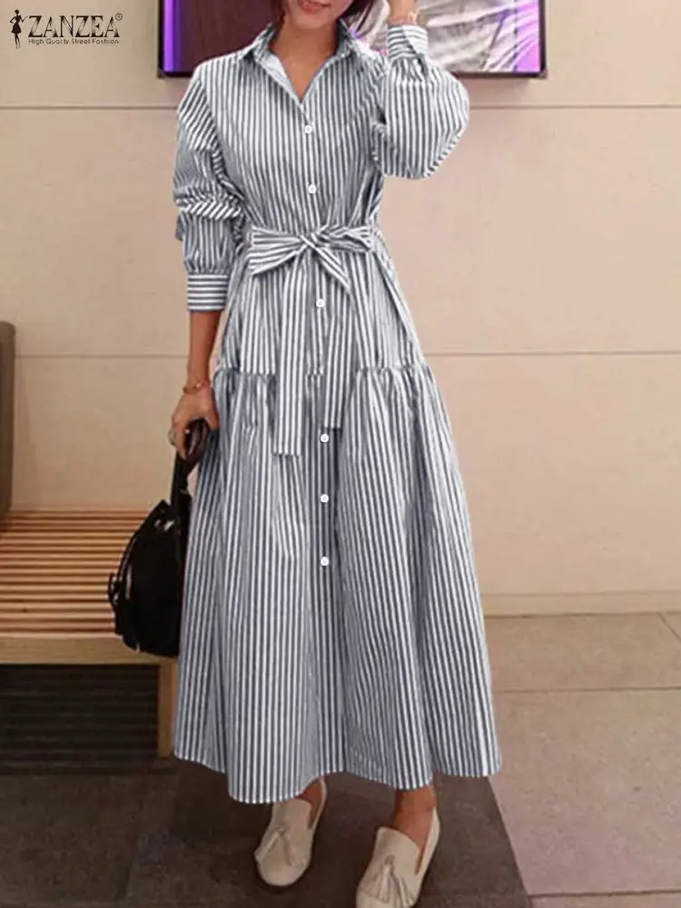 Zanzea escritório vestidos femininos 2025 outono elegante lapela pescoço manga longa camisa vestido casual listra trabalho vestidos botões para baixo robe