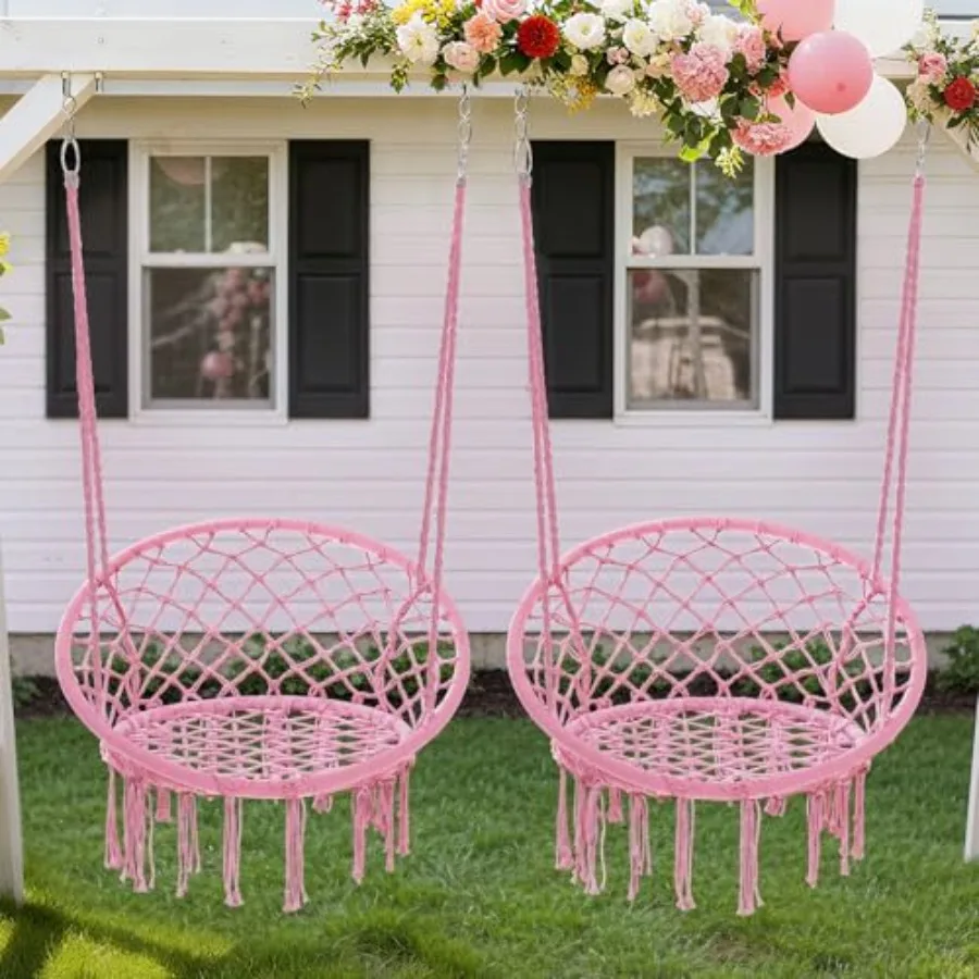 

Bohemian Style Macrame Hammock with Tassels Hanging Swing Chair Set of 2 Handmade Knitted Cotton Rope for Indoor Outdoor Bedroo