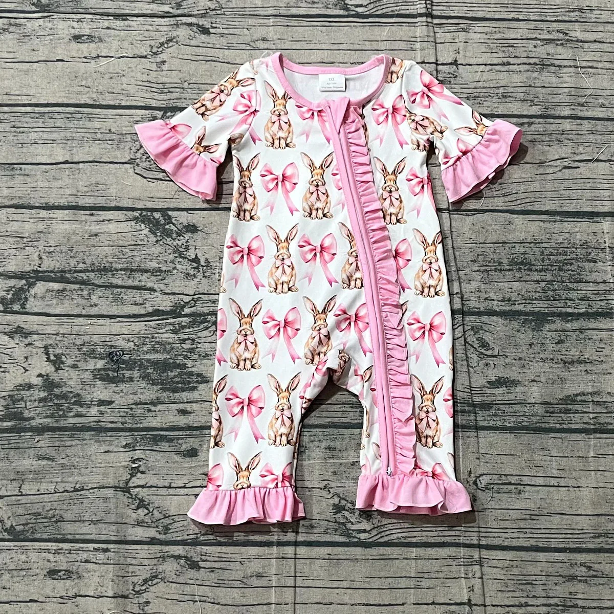 Newborn Baby Girl Bodysuit Bows Rabbits Bunny Easter Ruffle Zipper Sleeper Rompers Babies Infant Clothes Boutique Clothing