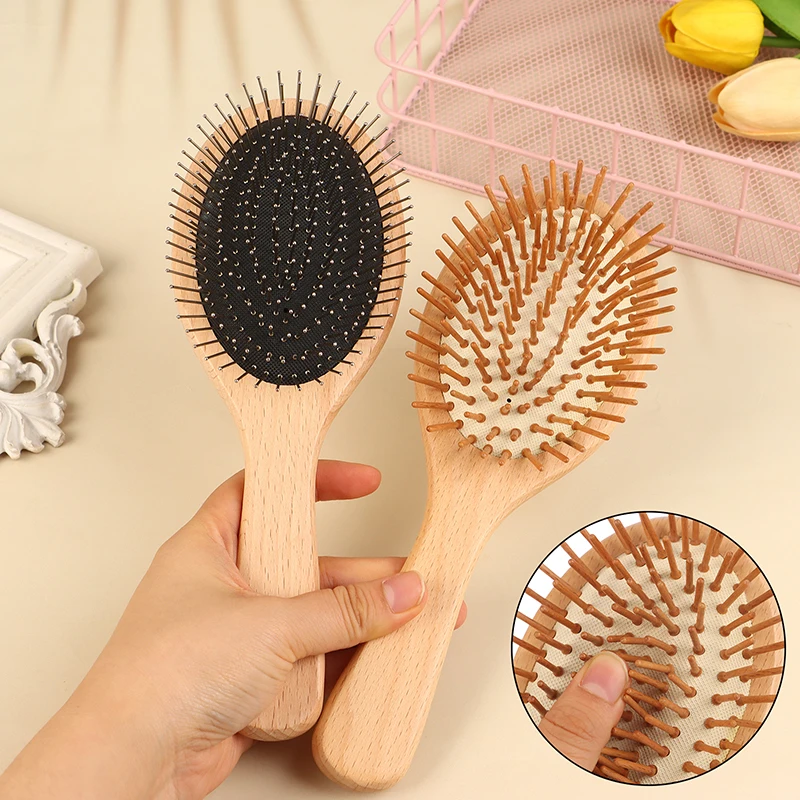 1pc Bamboo Hair Brush Steel Needle Hair Scalp Massage Comb Anti-Static Natural Paddle Airbag Cushion Handle Brushes