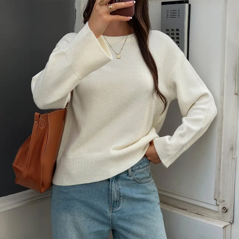 Drop‑shoulder Short Knit Sweater Women Office Commute Loose Slimming Ladies Top 2026 Autumn Winter