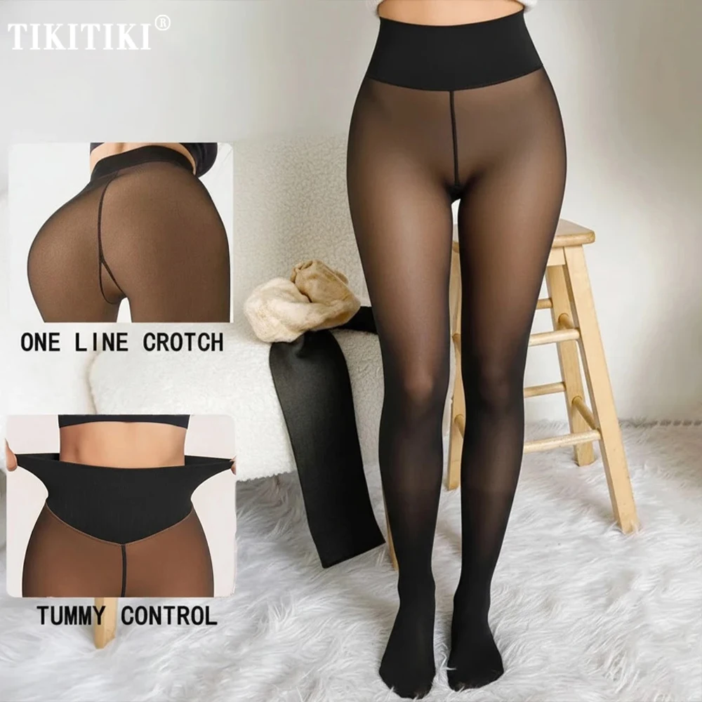 Uma costura velo forrado collants feminino plus size moldar compressão barriga controle translúcido leggings falso puro meia-calça térmica