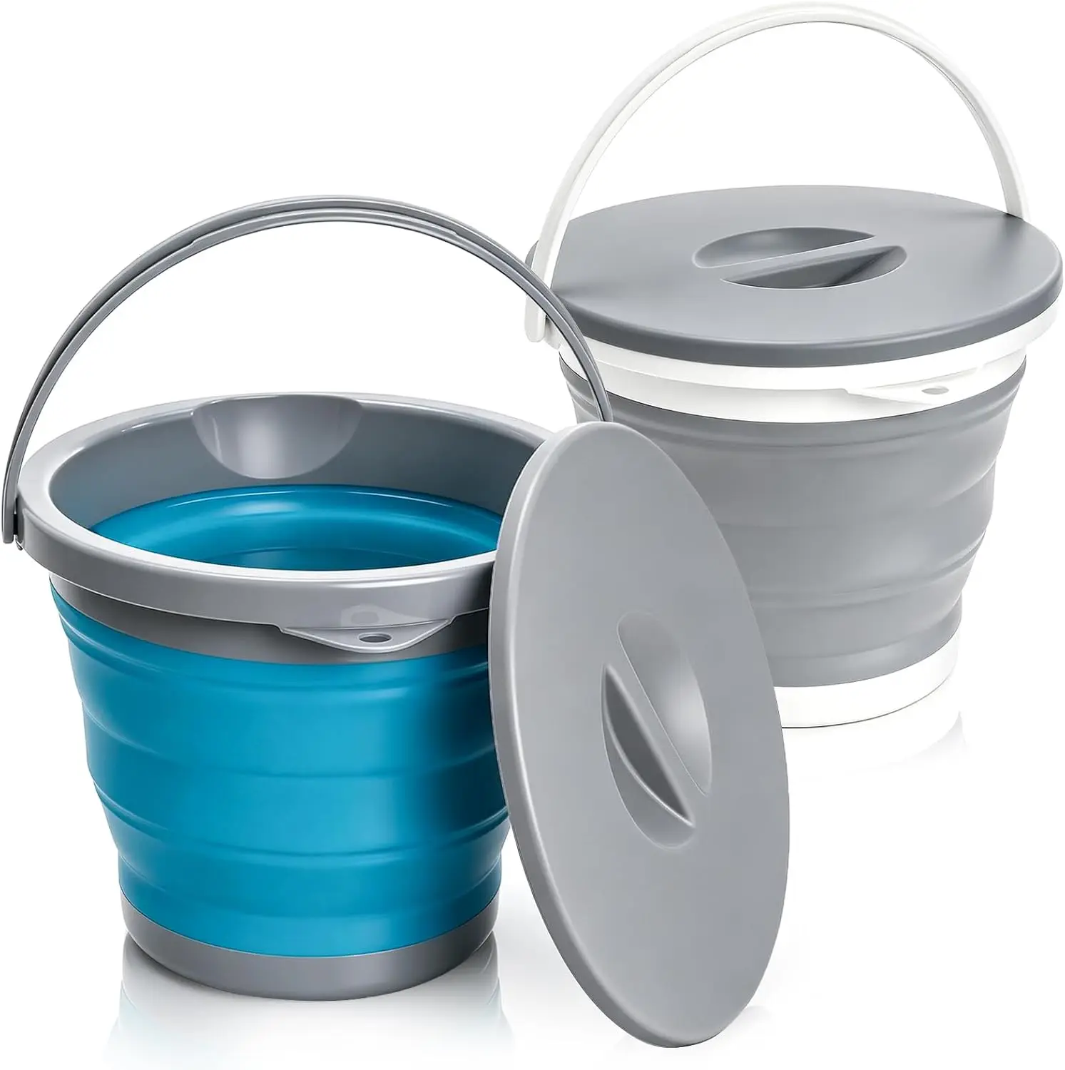 

2 Pack Collapsible Bucket 5L Foldable Water Pail for Camping Hiking Fishing Outdoor Survival Portable Tub with Lid (Blue Gray)